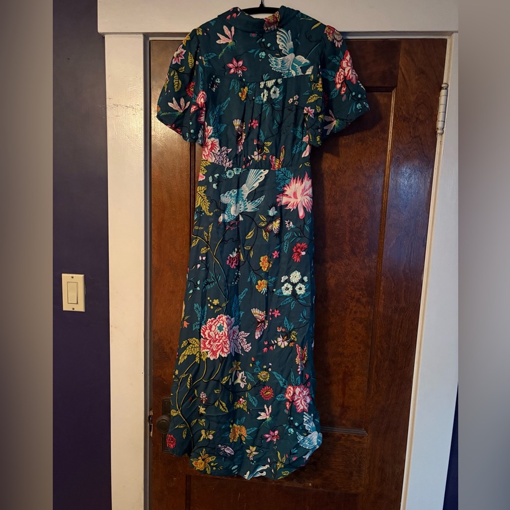 Maeve Anthropologie Teal Silky Buttonfront Shirt Dress Green Multi Floral - Picture 7 of 14
